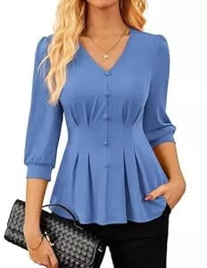 GRACE KARIN Langarmblusen GRACE KARIN Bluse für Damen elegant V-Ausschnitt 3/4-Laternenärmel Hemd plissierter Stretch-Strickpullover für die Arbeit im Büro
