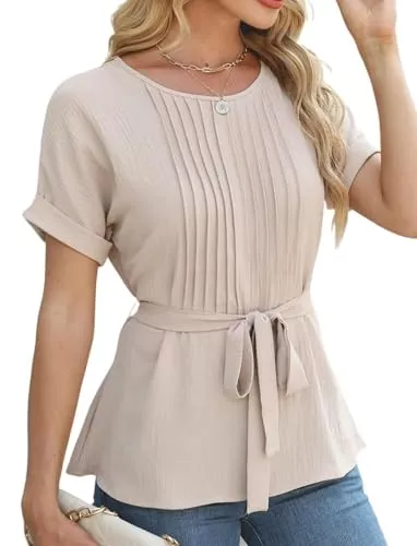 AGYMNX Kurzarmblusen AGYMNX Damen Bluse Elegante Kurzarm Tops Frühling Sommer Rundhalsausschnitt Wrap Blusen Ruffle Tunika Shirt Casual T-Shirt
