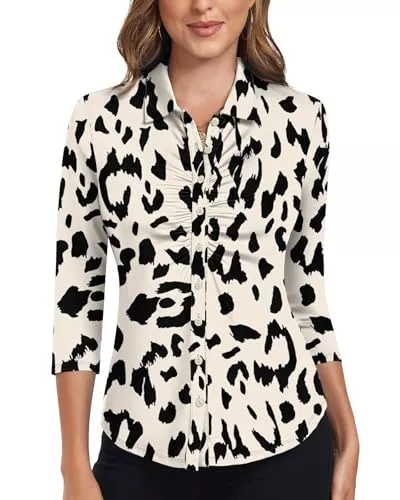 Soneven Langarmblusen Soneven Bluse Damen Elegant Shirt 3/4 Arm Hemdbluse Ruched Front Poloshirts Golf Polo Shirt Damen Business Outfit Blusenshirt Lady Oberteile