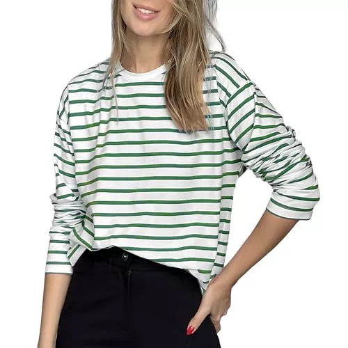 MGizo DtiSpectrum Langarmshirts MGizo DtiSpectrum Langärmliges Gestreiftes T-Shirt für Damen – Klassisches, Locker Sitzendes, Dehnbares T-Shirt mit Rundhalsausschnitt, Basic-Baumwoll-Langarmshirt für Frühjahr 2025