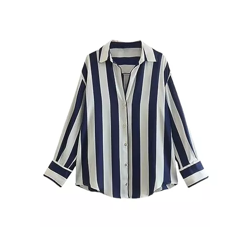 Generic Langarmblusen Rfmfkkg Damen-Blusen Aus Satin Mit Streifen, Vintage-Stil, Langärmelig, Hemdblusen Mit Knöpfen, Oberteile Mit Strukturmuster