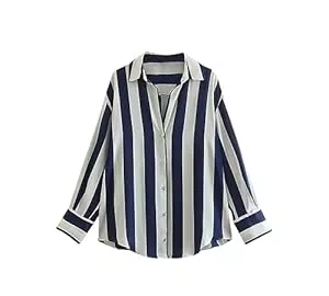 Generic Langarmblusen Rfmfkkg Damen-Blusen Aus Satin Mit Streifen, Vintage-Stil, Langärmelig, Hemdblusen Mit Knöpfen, Oberteile Mit Strukturmuster