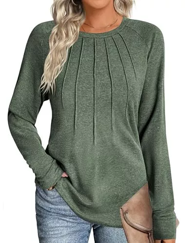 Zeagoo Langarmblusen Zeagoo Langarmshirt Damen Rundhals T-Shirt Elegant Falten Oberteile Herbst Casual Basic Tunika Tops Einfarbig Shirts S-XXL