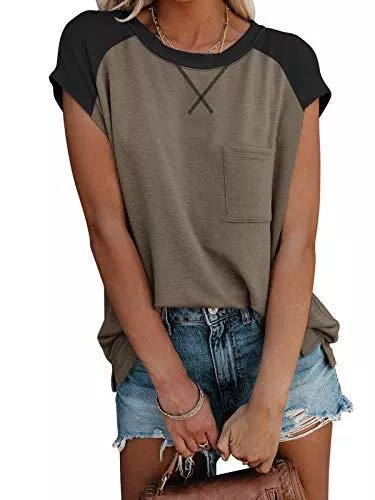 ADREAMLY T-Shirts ADREAMLY Damen Farbblock Sommer Kurzarm Rundhals Oberteile Locker Tunika T Shirt Patchwork Frauen Bequem Einfarbig Einfachheit Tee
