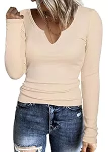 Aottori Langarmblusen Aottori Damen Langarmshirt Gerippt Elegant Oberteile V-Ausschnitt Langarm Pullover Baumwolle Slim Fit T-Shirt Stretch Casual Basic Top