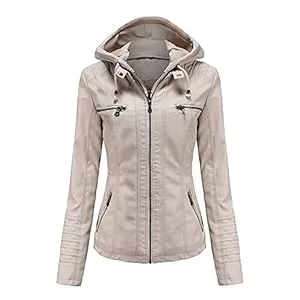 JMKEY Jacken JMKEY Damen PU Kunstleder Motorradjacke Langarm Reißverschluss Slim Abnehmbare Kapuze Leder Jacken