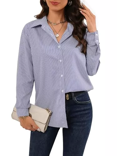 Atnlewhi Hemdblusen Atnlewhi Bluse Damen Langarm Streifenbluse Hemden mit Knöpfen Casual Büro Arbeit Blusen Klassischer Hemd Oberteile Hemdbluse