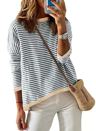Cuptacc Pullover & Strickmode Cuptacc Pullover Damen Gestreiftes Sweatshirt Damen Langarmshirt Rundhals Baumwolle Oberteile Baumwolle Casual Stricken Pulli