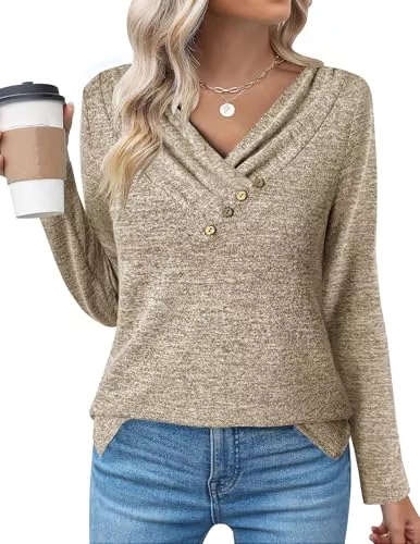 Zeagoo Langarmshirts Zeagoo Langarmshirt Damen V-Ausschnitt Oberteile Langarm Shirt Leichte Pullover Basic Tshirt Tops Einfarbig Longshirt