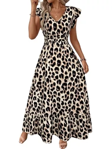 SweatyRocks Freizeit SweatyRocks Leo Kleid Damen Sommer Maxikleid Elegant Kleid Mit V Ausschnitt Festlich Sommerkleid A Linie Strandkleider Lang Rüschenkleid