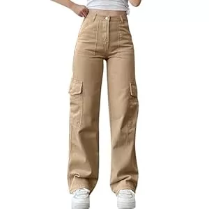 JIAALU Jeans JIAALU Damen Trendy Cargo Jeans Stretch Jeans Straight Baggy Wide Leg Denim Hose Low Waist Cargohose Boyfriend Hose Streetwear Cargo Jeans Casual Trousers Denim Pants