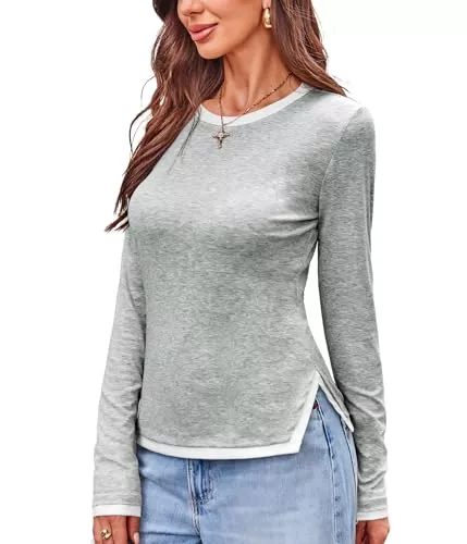 DJT Langarmshirts DJT Damen Langarm T-Shirt Rundhal Slim Fit Oberteile Farbkontrast Rippshirt mit Einseitiger Schlitz Pullover Basic Tee Tops