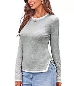 DJT Langarmshirts DJT Damen Langarm T-Shirt Rundhal Slim Fit Oberteile Farbkontrast Rippshirt mit Einseitiger Schlitz Pullover Basic Tee Tops