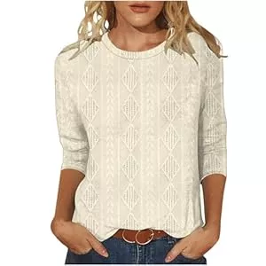 Dyhxuan Langarmshirts Dyhxuan 3/4 Arm Shirt Damen Strick Baumwolle T-Shirt Einfarbig Jacquard Oberteile Dreiviertelärmel Rundhals Tshirt Vielseitig T Shirt Atmungsaktive Bluse Casual Komfortabel Pullover Tops für Frauen