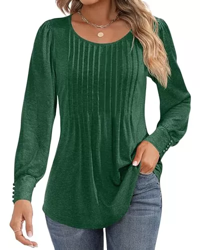 Ficerd Pullover & Strickmode Ficerd Women's Puff Long Sleeve Tunic Tops Pleated Crew Neck Blouses Dressy Casual Loose Fit Fall and Winter Shirts