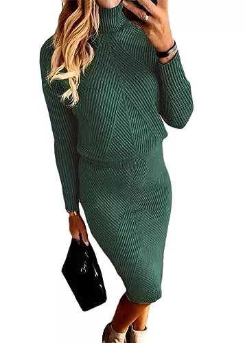 ORANDESIGNE Freizeit ORANDESIGNE Damen Strickkleid 2 Stücke Gestrickter Rock Set Zweiteiliger Anzug Rollkragen Pullover Oberteil und Midi Strickrock Bodycon 2 Stück Set Midikleid Pulloverkleid