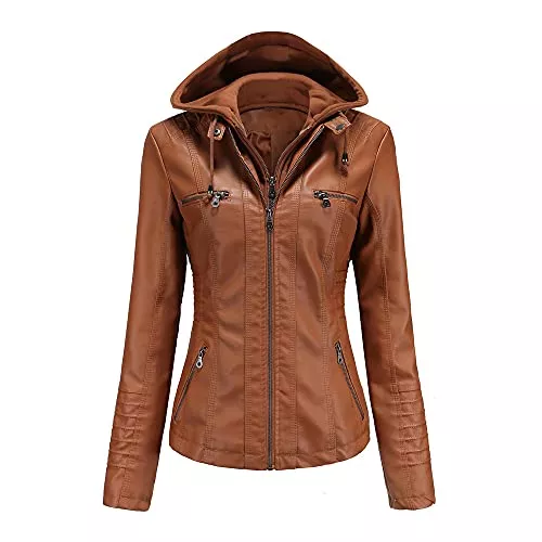 E-girl Jacken E-girl Damen Lederjacke Schlank Kurz Kunstleder Kapuze Jacket Reißverschluss Motorrad Jacke für Frühling und Herbst,C6699N