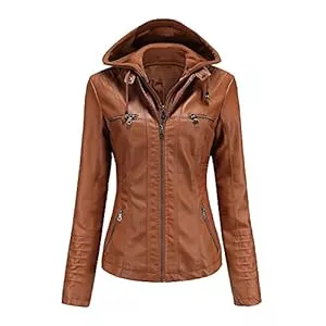 E-girl Jacken E-girl Damen Lederjacke Schlank Kurz Kunstleder Kapuze Jacket Reißverschluss Motorrad Jacke für Frühling und Herbst,C6699N