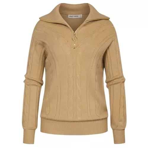 GRACE KARIN Pullover & Strickmode GRACE KARIN Damen-Pullover mit umklappbarem Kragen und Reißverschluss langärmelig Twist-Blume