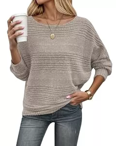 WNEEDU Pullover & Strickmode WNEEDU Strickpullover Damen Herbst Dünne Fledermausärmel Geripptes Pullover Langarm Schiffskragen Locker Pulli Sweater Langarmshirt Sweatshirt Kuschlig Weich Lässig