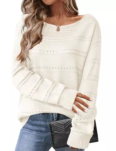 Hotouch Pullover & Strickmode Hotouch Pullover Damen Elegant Herbst Dünn Strickpullover Locker Hollow Out Langarm Schiffskragen Pulli Lang Sweater Top Strick Langarmshirt Sweatshirt