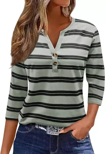 YUTILA Langarmblusen YUTILA Damen T-Shirts Gestreiftes 3/4 Ärmel V Ausschnitt Oberteile Baumwolle Langarmshirt Basic Lässige Streetwear Henley Shirt