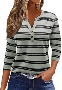 YUTILA Langarmblusen YUTILA Damen T-Shirts Gestreiftes 3/4 Ärmel V Ausschnitt Oberteile Baumwolle Langarmshirt Basic Lässige Streetwear Henley Shirt