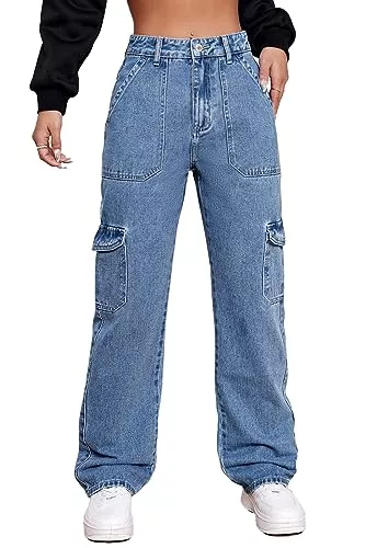 Alaster Queen Jeans Alaster Queen Damen Jeans Hohe Taille Trendy Cargo Jeans Stretch Wide Leg Denim Hose