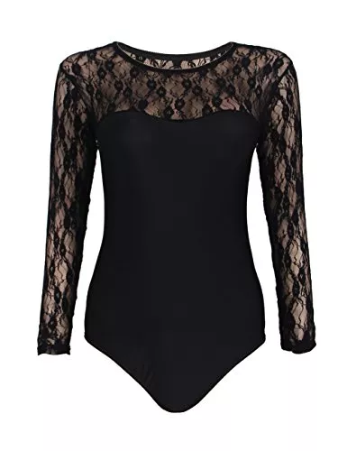 HO-Ersoka Langarmblusen HO-Ersoka Body Damen langarm Spitze Langarmbody blickdicht Spitzenbody Rundhals Bodysuit sexy Dessous Damenbody 3-fach Verschluß Frauen Oberteil klassisch