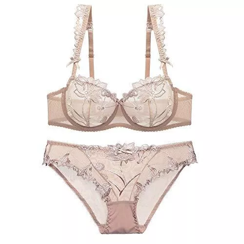 MEN.CLOTHING-LEE Unterwäsche & Dessous MEN.CLOTHING-LEE A Cup Transparent BH-Set Dessous Frauen Stickerei Mesh BH Bügel Rüschen Träger Ungefütterte Unterwäsche Sexy Geschenk für Her-Khaki_75B