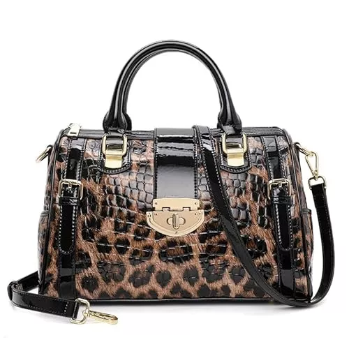 AIDRANI Taschen & Rucksäcke AIDRANI Echtes Leder Handtasche Geldbörse Crossbody Tasche Umhängetasche Mode Leopard Print Damen Rindsleder Tasche Boston Damentasche