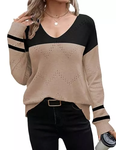 Zeagoo Pullover & Strickmode Zeagoo Pullover Damen Elegant Strickpullover V-Ausschnitt Häkelpullover Langarm Fashion Striken Pulli Einfarbig Lässige Oberteile S-XXL