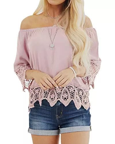 ZANZEA Kurzarmblusen ZANZEA Damen Schulterfrei 3/4 Arm Freizeit Party Strand Lose Tops Shirt Bluse
