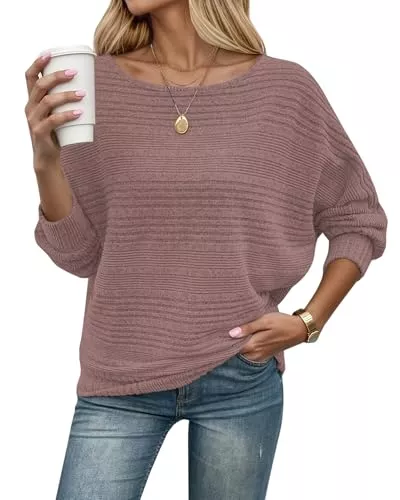 WNEEDU Pullover & Strickmode WNEEDU Strickpullover Damen Herbst Dünne Fledermausärmel Geripptes Pullover Langarm Schiffskragen Locker Pulli Sweater Langarmshirt Sweatshirt Kuschlig Weich Lässig