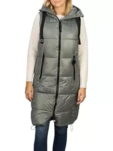 DENIMFY Westen DENIMFY Steppweste Damen lang mit Kapuze Regular Fit DFCaro Weste Knielang Outdoor Reißverschluss Taschen Herbst Winter Beige Schwarz Grün S M L XL XXL