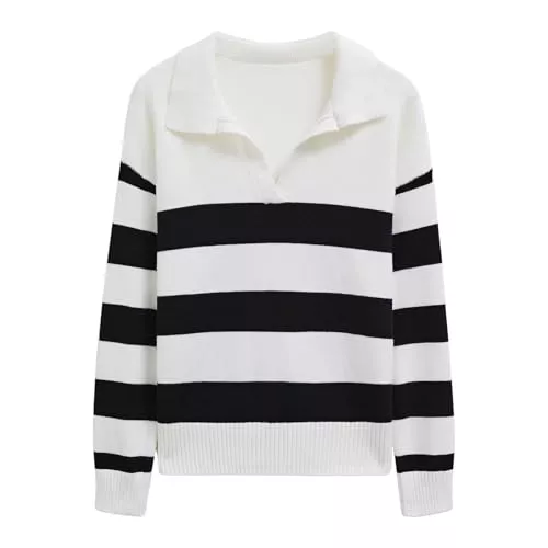 Chicwish Pullover & Strickmode CHICWISH Gestreifter Damen-Pullover mit V-Ausschnitt, langärmelig, klassisch, lässig, Polo-Tops, Hemden, Herbst und Winter, Strickpullover