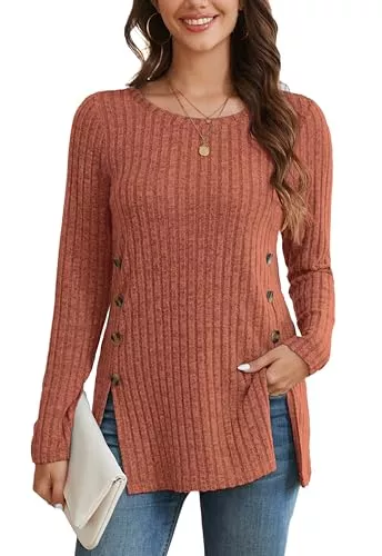 Enmain Pullover & Strickmode Enmain Pullover Damen Langarm Leichter Rundhals Strickpullover Elegant Herbst Winter Sweatshirt mit Seitliche Knöpfe