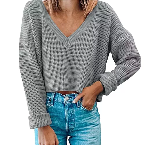 Generic Pullover & Strickmode Damen Pullover, Einfarbig V-Ausschnitt Crop Strickpullover Elegant Kurz Sweater Casual Lose Winter Oversize Sweatshirt Langarm Oberteile Damen Sexy Gestrickt Pulli Langarmshirt