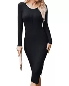 Hotouch Freizeit Hotouch Strickkleid Damen Bodycon Pulloverkleid Herbst Elegant Herbstkleid Rundhals Midikleid Langarm mit Schlitz Kleider Winter S-XXL