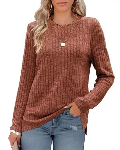 Odosalii Pullover & Strickmode Odosalii Damen Pullover Rundhals Langarmshirt Side Slit Strickpullover Weich Rippstrick Sweatshirt Lässige Oberteile Top