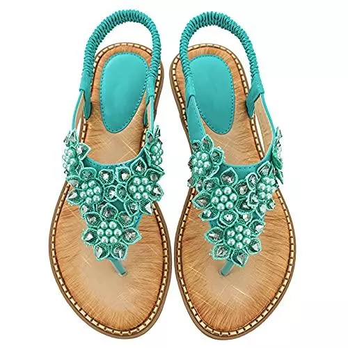 WellingA Sandalen & Slides WellingA Flache Damen-Sandalen, Frauen Clip Toe Geflochtene Perlen Sandalen Damen Elastischer Rücken Riemen Strand Sommer Schuhe Blume Slip-On Boho Casual Slip On Strandschuhe für Frauen