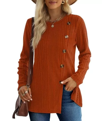 XIEERDUO Pullover & Strickmode XIEERDUO Pullover Damen Herbst Winter Strickpullover Damen Rundhals Langarmshirt Damen Schlitz Tunika Top Damen mit Knöpfen Oberteile Elegant