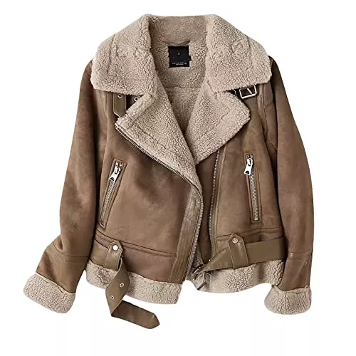 FUPODD Jacken Lederjacke Damen Gefüttert Winterjacke Damen Warm Leder Jacke Damen Winter Ledermantel Frauen Innenfutter Fellkragen Wintermantel Innen Mit Fell Fleece Motorrad Vintage Mantel Reißverschluss