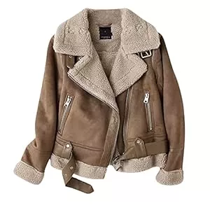 FUPODD Jacken Lederjacke Damen Gefüttert Winterjacke Damen Warm Leder Jacke Damen Winter Ledermantel Frauen Innenfutter Fellkragen Wintermantel Innen Mit Fell Fleece Motorrad Vintage Mantel Reißverschluss