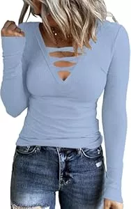 TrendiMax Pullover & Strickmode TrendiMax Damen Langarmshirt Gerippt Stretch Pullover Elegant Langarm Oberteile Tee Shirts V Ausschnitt Casual Bluse Basic Tops