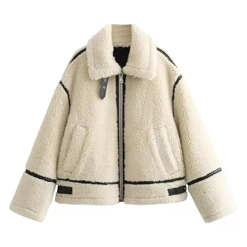 Generic Jacken Damen Kunstpelzjacken Winter Trendy Fuzzy Oversized Sherpa Leder Patchwork Jacke Revers Reißverschluss Mantel Outfits