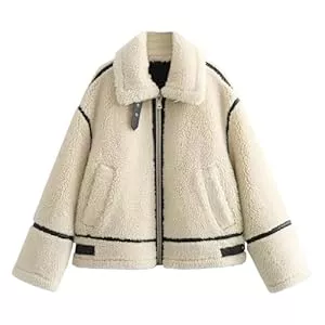 Generic Jacken Damen Kunstpelzjacken Winter Trendy Fuzzy Oversized Sherpa Leder Patchwork Jacke Revers Reißverschluss Mantel Outfits