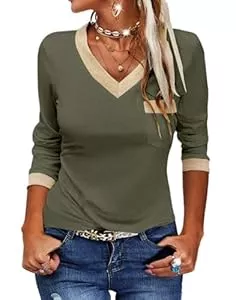 Fisoew Langarmshirts Fisoew Langarmshirt Damen Casual V-Ausschnitt Farbblock Langarm Oberteil T Shirts Basic Tunika Tops Blusen.