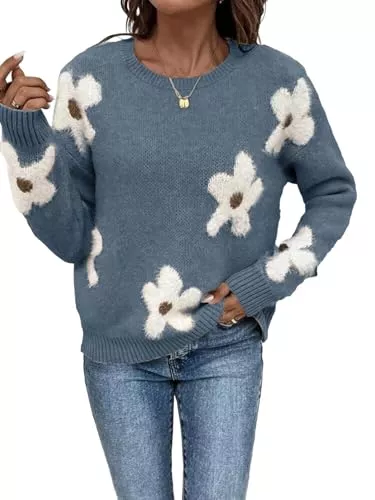 Livonmone Pullover & Strickmode Livonmone Damen Strickpullover Rundhals Langarm Blumenmuster Lockerer Sweater Herbst Winter Pullover Casual