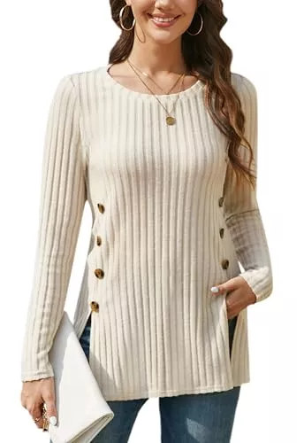 Enmain Pullover & Strickmode Enmain Pullover Damen Langarm Leichter Rundhals Strickpullover Elegant Herbst Winter Sweatshirt mit Seitliche Knöpfe
